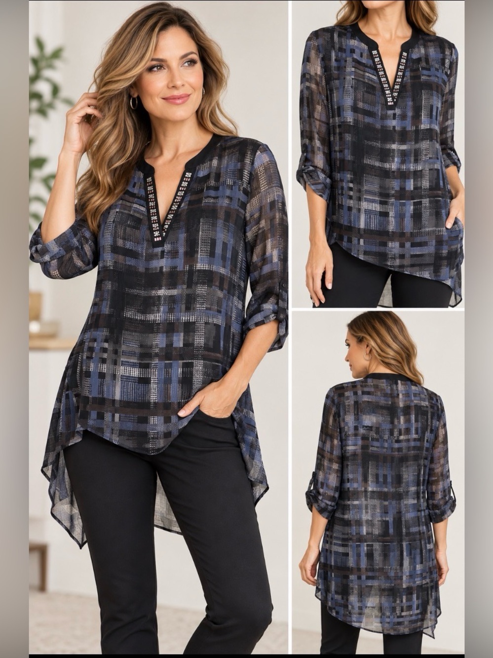 Joseph Ribkoff sheer Black,Blue & Gray Patterned Split-Hem Blouse